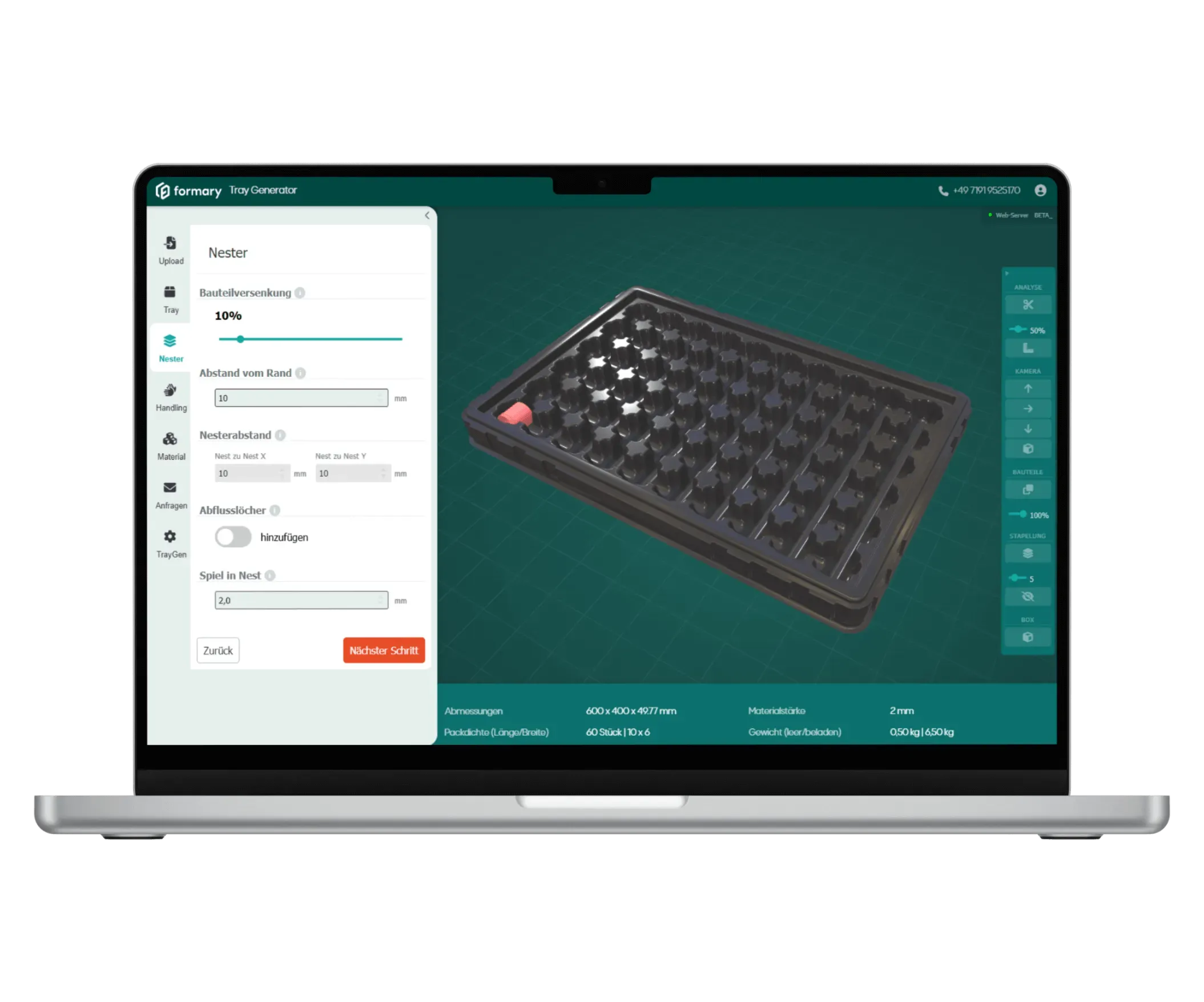 Abmessungen im Tray Generator definieren